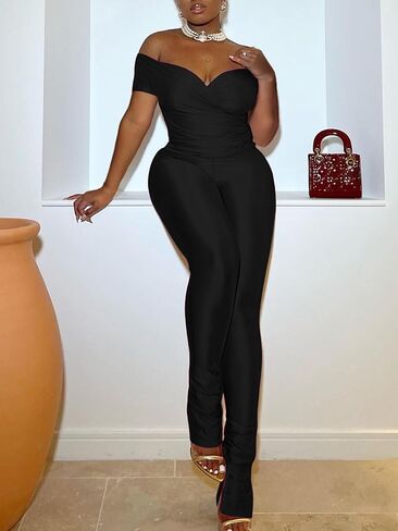 بدلة توسفار مكشوفة الكتف للنساء ملفوفة برقبة على شكل حرف V وخصر عالٍ وسراويل ضيقة وواسعة ملابس النادي مجموعة Y2k in Kuwait