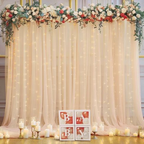 10×10ft Cream White Tulle Backdrop Curtain with Lights String for Parites, Sheer Photo Curtain Backdrop Drapes for Wedding Party Photography Backgrounds in Kuwait