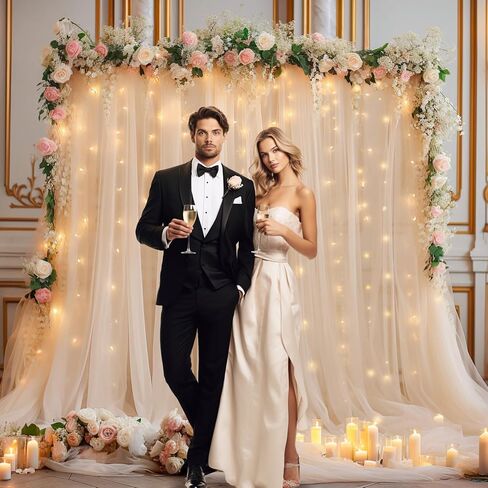 10×10ft Cream White Tulle Backdrop Curtain with Lights String for Parites, Sheer Photo Curtain Backdrop Drapes for Wedding Party Photography Backgrounds in Kuwait