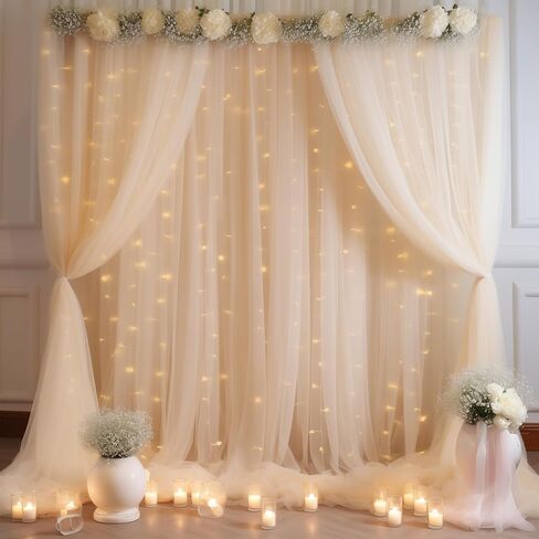 10×10ft Cream White Tulle Backdrop Curtain with Lights String for Parites, Sheer Photo Curtain Backdrop Drapes for Wedding Party Photography Backgrounds in Kuwait