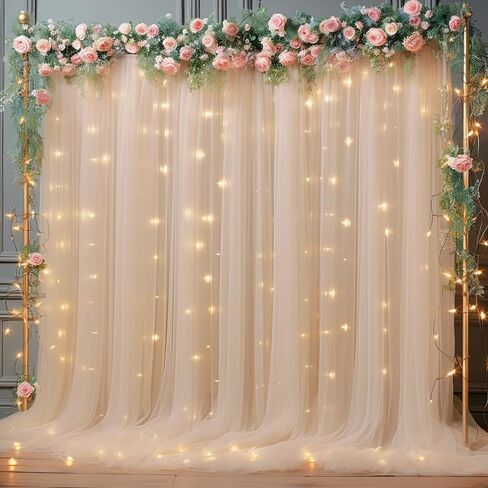 10×10ft Cream White Tulle Backdrop Curtain with Lights String for Parites, Sheer Photo Curtain Backdrop Drapes for Wedding Party Photography Backgrounds in Kuwait