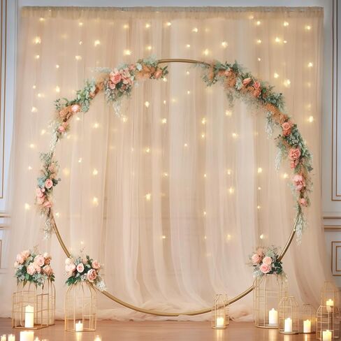 10×10ft Cream White Tulle Backdrop Curtain with Lights String for Parites, Sheer Photo Curtain Backdrop Drapes for Wedding Party Photography Backgrounds in Kuwait