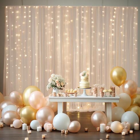 10×10ft Cream White Tulle Backdrop Curtain with Lights String for Parites, Sheer Photo Curtain Backdrop Drapes for Wedding Party Photography Backgrounds in Kuwait