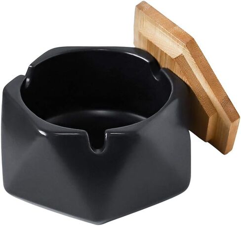 Simple Geometric Ceramic Ashtray with Bamboo Lid. in Saudi Arabia