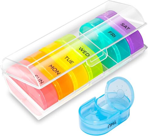 منظم حبوب الدواء الأسبوعي XL مرتين في اليوم، صندوق حبوب الدواء 7 أيام مع تصميم مفتوح كبير من جانب واحد لسهولة التعبئة، حافظة حبوب منع الحمل السوداء لحماية الخصوصية صباحًا ومساءً للفيتامينات/زيوت السمك/المكملات الغذائية in Kuwait