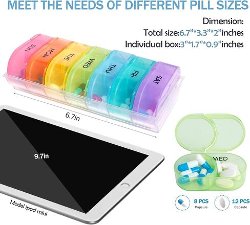 منظم حبوب الدواء الأسبوعي XL مرتين في اليوم، صندوق حبوب الدواء 7 أيام مع تصميم مفتوح كبير من جانب واحد لسهولة التعبئة، حافظة حبوب منع الحمل السوداء لحماية الخصوصية صباحًا ومساءً للفيتامينات/زيوت السمك/المكملات الغذائية in Kuwait
