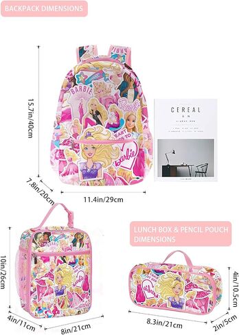 Girls Backpack 3 Pieces Set for School - Kids Multicolor Rucksack Bundle with School Bag, Pencil Case and Lunch Bag School Supplies,Pink, 16 inch in Saudi Arabia