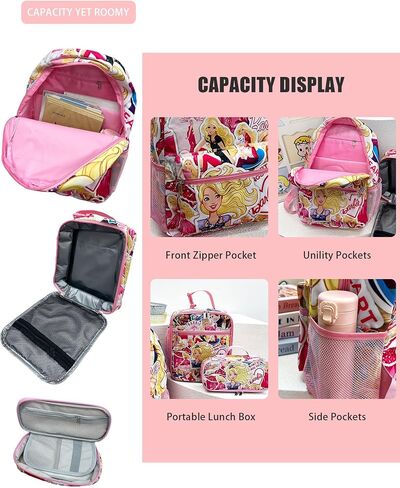 Girls Backpack 3 Pieces Set for School - Kids Multicolor Rucksack Bundle with School Bag, Pencil Case and Lunch Bag School Supplies,Pink, 16 inch in Saudi Arabia