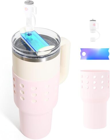 ANZOME Protective Silicone Boot for Stanley Quencher 40 oz, Anti-Slip Bottle Bottom Sleeve Cover with Straw Cover Cap and Name Tag Piece, Stanley Cup Accessories(Pink) in Saudi Arabia