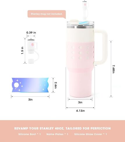 ANZOME Protective Silicone Boot for Stanley Quencher 40 oz, Anti-Slip Bottle Bottom Sleeve Cover with Straw Cover Cap and Name Tag Piece, Stanley Cup Accessories(Pink) in Saudi Arabia