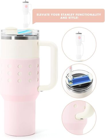 ANZOME Protective Silicone Boot for Stanley Quencher 40 oz, Anti-Slip Bottle Bottom Sleeve Cover with Straw Cover Cap and Name Tag Piece, Stanley Cup Accessories(Pink) in Saudi Arabia