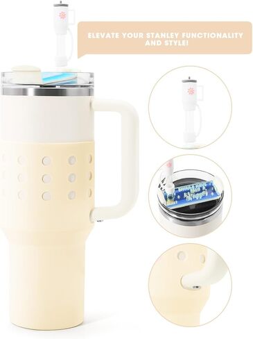 حذاء ANZOME الواقي من السيليكون لـ Stanley Quencher 40 أونصة، غطاء غطاء سفلي للزجاجة مضاد للانزلاق مع غطاء غطاء من القش وقطعة بطاقة الاسم، ملحقات كأس ستانلي (وردي) in Kuwait