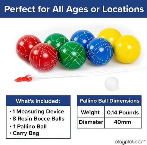 Play Platoon Bocce Ball Set 84mm/90mm/100mm with 8 Premium Bocce Balls, Pallino, Carry Bag & Measuring Rope - Choose Between Classic Resin and Soft Sets in Saudi Arabia