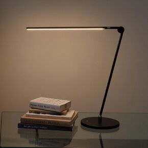 Brightech Libra LED Table Lamp - Contemporary Minimalist Thin Compact Desk Lamp - Adjustable Pivoting LED Head with Built-in Dimmer and Color Changing LED - Brass