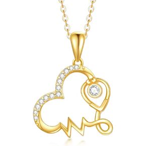 YDD 14K Solid Gold Nurse Necklace Stethoscope Necklace for Women Heartbeat Stethoscope Pendant Necklace Heart Necklace Doctor Nurse Jewelry Gifts for Her 16"-18"