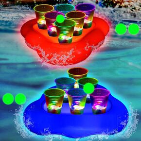 لعبة Glow Pool Party، مجموعة ألعاب رمي حمام السباحة العائمة القابلة للنفخ، رف عائم لحمام السباحة، ألعاب ساحة داخلية/خارجية لعصائر الفاكهة والمشروبات الغازية، تتضمن طوفتين و6 كرات متوهجة، وامض وأحمر وأزرق