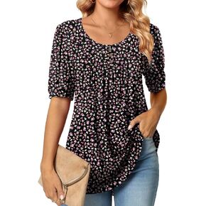 POPYOUNG Puff Short Sleeve Ladies Casual elbow sleeve tunic tops for leggings