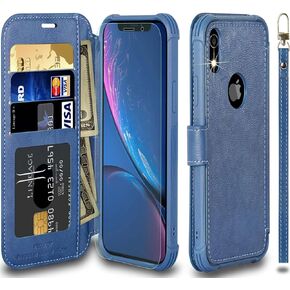 VANAVAGY متوافق مع حافظة محفظة iPhone XR للنساء والرجال، غطاء جلدي قابل للطي RFID مع معصم يدعم الشحن اللاسلكي مع حامل البطاقة وواقي شاشة زجاجي، بني