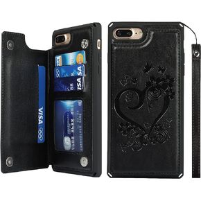 iCoverCase Compatible with iPhone 8 Plus/7 Plus Wallet Phone Case with Card Holder for Women, RFID Blocking Embossed PU Leather Wrist Strap Case (Heart Black)