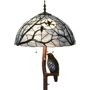 Bieye L10882 Ravens Sitting on Bare Tree Branch Against Full Moon Tiffany Style Stained Glass Floor Lamp with Raven Night Light Double Lit for Halloween Décor, 4-Light, 65 inches Tall (Dark Blue)