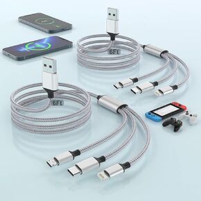 2Pack 3A Fast Charge Multi Phone Charger Cable Long 3 in 1 Universal USB Charging 1.8M/6FT iPhone Cord with Lightning,Type C,Micro for iPhone//pad/Android/Samsung//lg.