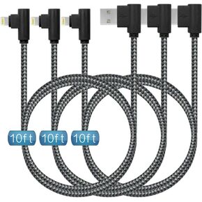 كابل لايتنينج 90 درجة 10FT 3 حزم كابل iPhone سلك طويل مضفر من النايلون ونقل البيانات متوافق مع iPhone12/11/Pro/Max/X/XS/XR/XS Max/ 8/ Plus/7/7 Plus/6/6S والمزيد (أسود رمادي، 10 قدم) in Kuwait