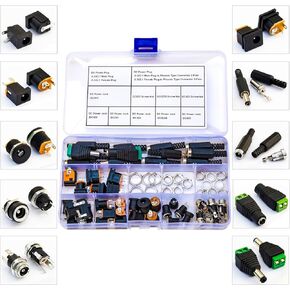 DC Power Jack Connector Assorted Kit, 5.5 x 2.1mm DC Power Supply Jack Socket Male Female Panel Mount Connector 2Pin 3Pin with Hex Nut, DC005 DC012 DC015 DC022 Assortment (DC-Power-Kit)
