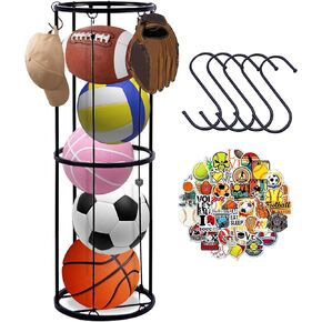 Garage Ball Storage Vertical Ball Rack, Sports Basketball Football Soccer Ball Holder Wall Mount Space-Saving Ball Rack Organizer with Stickers & Hooks for Garage Kids Boys Playroom GYM
