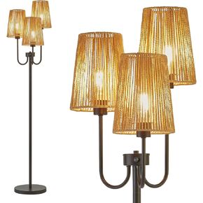 RORIANO Boho Floor Lamp for Living Room, 3-Light Rotary Switch Farmhouse Standing Bedroom Lamp with Rattan Shade, Tall Floor Lamps for Rustic, Coastal, Beach or Bohemian Decor, 3 LED Bulbs Included