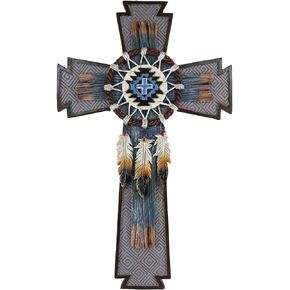 Ebros Colorful Rustic Southwest Native Indian Navajo Vector Eagle Feathers With Web Dream Catcher Turquoise Wall Cross Decor Plaque 12.75"H Tribal Southwestern Western Accent Decorative Crosses