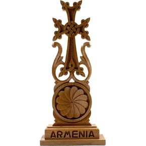 HandCraftoria Armenian table cross standing Wooden Cross KHACHKAR with eternity sign Armenia Ornaments Cross for Desk cross for table Armenian gift souvenir