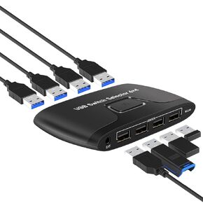 USB Switch Selector KVM Switch 4 Computers Sharing 4 USB Devices USB 2.0 KVM Switcher for Mouse, Keyboard, Scanner, Printer with 1 Desktop Controller Cable and 4 USB A to A Cables