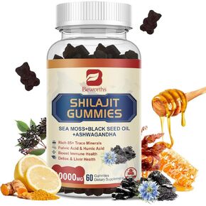 Shilajit Resin Gummies, Shilajit Irish Sea Moss Supplement with Black Seed Oil, Panax Ginseng, Ashwagandha Ginger, Shilajit Gummies with 85+ Trace Minerals & Fulvic Acid for Energy, Immune Support