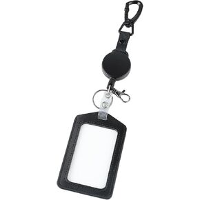 Genuine Leather ID Card Badge Holder Retractable Clip Heavy Duty Carabiner Badge Reel Keychain, Key Chain with Steel Cord, Matte Black, 10.0 oz in Saudi Arabia