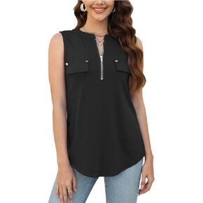 Halife Women's Sleeveless Tank Tops Summer V Neck Zipper Shirts Business Dressy Casual Blouses