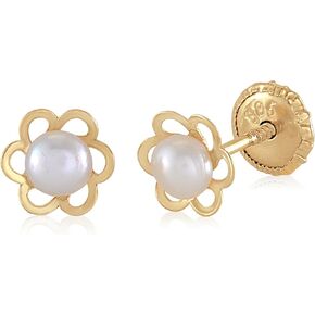 أقراط من الذهب عيار 14 قيراط على شكل زهرة صغيرة لسلامة الطفلة الصغيرة مغطاة باللؤلؤ المستنبت من الخلف in Kuwait