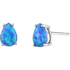 Peora 14K White Gold Created Blue Fire Opal Earrings for Women, Classic Solitaire Studs, 7x5mm Pear Shape, 1 Carat total, Friction Back