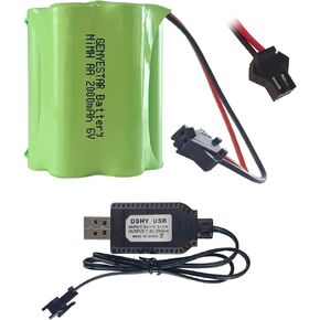 6V Battery Pack, 2000mAh Ni-MH AA Rechargeable Battery Pack with SM Connector and USB Charger Cable, Suitable for Solar Outdoor Light Security Light Amphibious Stunt RC Car