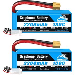 Yowoo 2 Pack 3S Lipo Battery 2200mAh 11.1V 130C Graphene Lipo Battery with XT60 Plug for E flite Valiant Parkzone E4F Wildcat Great Planes E-Cub RC Car Boat Truck Heli Airplane Quadcopter Helicopter