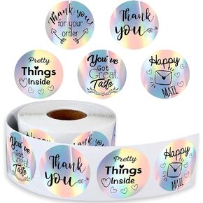 500 PCS Thank You Stickers 5 Different Design Rainbow Holo Stickers Holographic Silver Roll Business Thank You Label for Small Business Packaging Supplies