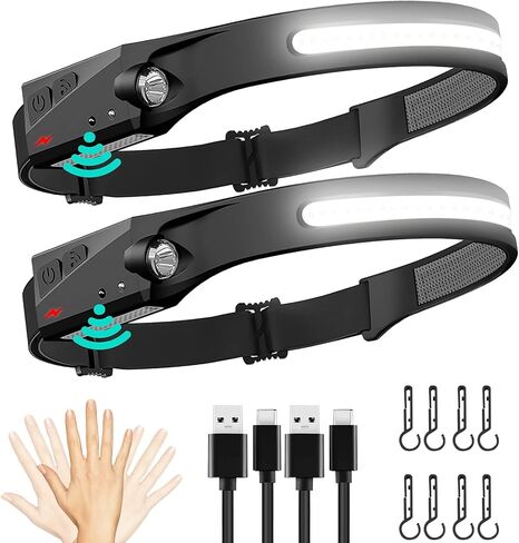 FBKK LED Headlamp Rechargeable, 230°Wide Beam Headlight with Motion Sensor, Waterproof Lightweight Head Lamp Flashlight for Camping, Hiking, Running, Outdoor for Adults and Kids in Saudi Arabia