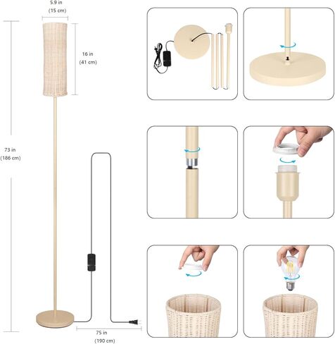 Boho Floor Lamp with Cylindrical Rattan Lampshade, Torchiere lamp for Bedroom, Living Room, Corner Tall Floor Lamp with Dimmable Switch in Kuwait