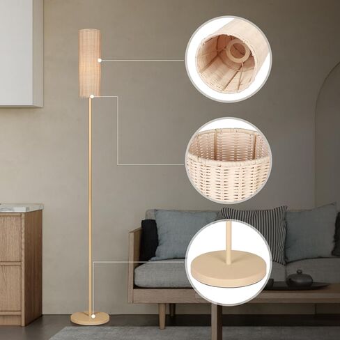 Boho Floor Lamp with Cylindrical Rattan Lampshade, Torchiere lamp for Bedroom, Living Room, Corner Tall Floor Lamp with Dimmable Switch in Kuwait