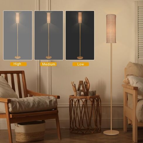 Boho Floor Lamp with Cylindrical Rattan Lampshade, Torchiere lamp for Bedroom, Living Room, Corner Tall Floor Lamp with Dimmable Switch in Kuwait