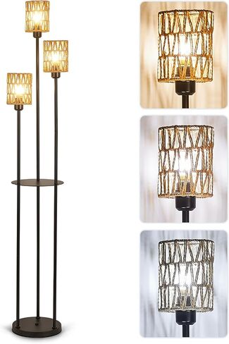 Floor Lamp, 3-Lights Rattan Floor Lamp with Shelves, Farmhouse Floor Lamp with ON/Off Foot Switch, Rustic Standing Lamp with Rattan Shades, Tall Floor Lamps for Living Room Bedroom Office in Saudi Arabia
