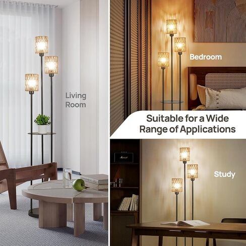Floor Lamp, 3-Lights Rattan Floor Lamp with Shelves, Farmhouse Floor Lamp with ON/Off Foot Switch, Rustic Standing Lamp with Rattan Shades, Tall Floor Lamps for Living Room Bedroom Office in Saudi Arabia