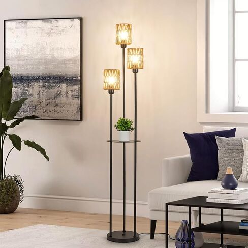 Floor Lamp, 3-Lights Rattan Floor Lamp with Shelves, Farmhouse Floor Lamp with ON/Off Foot Switch, Rustic Standing Lamp with Rattan Shades, Tall Floor Lamps for Living Room Bedroom Office in Saudi Arabia