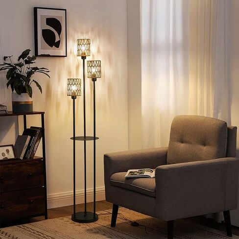 Floor Lamp, 3-Lights Rattan Floor Lamp with Shelves, Farmhouse Floor Lamp with ON/Off Foot Switch, Rustic Standing Lamp with Rattan Shades, Tall Floor Lamps for Living Room Bedroom Office in Saudi Arabia