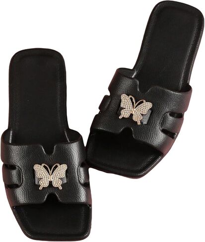 OYOANGLE Women's Butterfly Decor Cut Out H Band Flat Sandals Square Open Toe Slip on Slides Sandals in Saudi Arabia