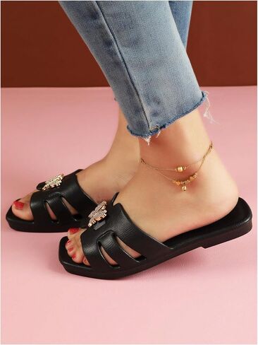 OYOANGLE Women's Butterfly Decor Cut Out H Band Flat Sandals Square Open Toe Slip on Slides Sandals in Saudi Arabia
